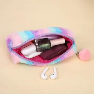Rainbow plush pencil case with a cute pompom keychain and spacious storage for students
