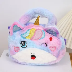 Detail of plush unicorn bag with macaron faux fur, sequins horn and heart embroidery
