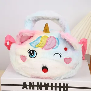 Detail of plush rainbow unicorn bag featuring golden sequin horn and soft furry texture