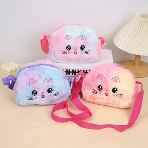Trois sacs bandoulière chat en peluche tie-dye pour enfants avec dégradé rose et bleu