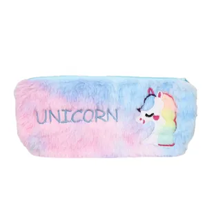 Plush gradient tie-dye unicorn pencil case with colorful embroidery on white background