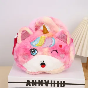 Detailed view of plush unicorn bag featuring soft rainbow fur and sequin embroidered eyes