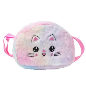 Sac bandoulière chat en peluche tie-dye pour enfants avec fausse fourrure et broderie