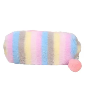 Rainbow gradient plush pencil case with a cute pom-pom pendant and zipper closure