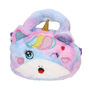Plush unicorn shoulder bag with colorful tie-dye faux fur and gold sequin horn