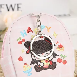 Detailed macro view of a pink mini backpack coin purse with cute cartoon girls and charms