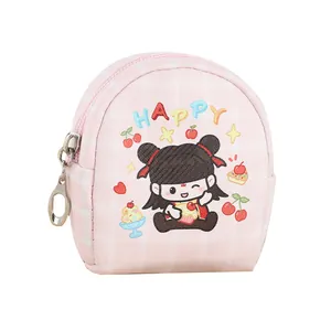 Pink checkered canvas coin purse featuring a cute cartoon girl and happy lettering