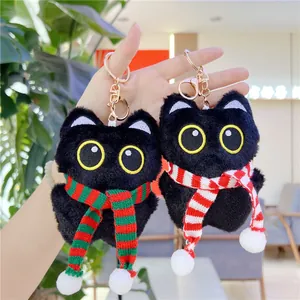 Cartoon Black White Cat Plush Toy Keychain With Striped Scarf Soft Stuffed Animal Doll Bag Charm Pendant Couple Gift Ornament