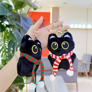 Cute black cat plush keychain with colorful striped scarves and golden metal lobster clasps
