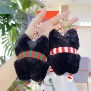 Cute black plush cat pendant keychain set with colorful scarves and golden hardware