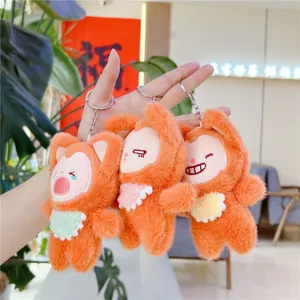Plush fox keychains with embroidery faces and colorful lace bibs for bags