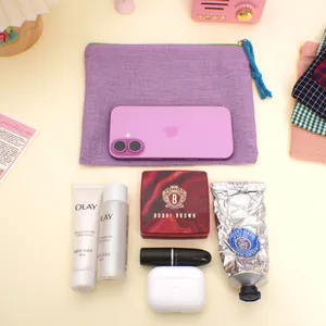 Japanese style purple checkered makeup bag with large capacity and blue zipper pull