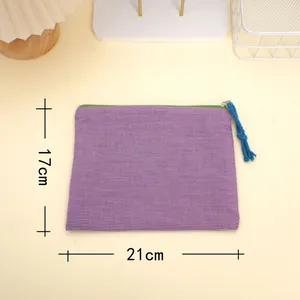 Japanese style purple gingham makeup bag with green zipper and blue puller for travel
