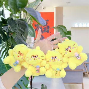 Cute Yellow Plush Cat Keychain With Mini Water Bottle Pendant Soft Stuffed Animal Toy Bag Charm For Women Kids Jewelry Gift