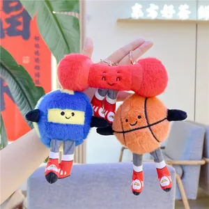 Cute sports plush charms with barbell and ball designs and metal keyrings