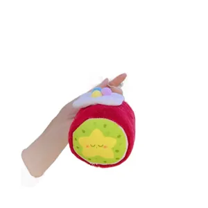 Plush chocolate cake roll keychain with cute sleeping face and colorful pom decorations