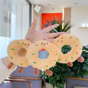 Cute Plush Donut Keychain Pendant For Bag Kawaii Stuffed Food Toy With Smile Face Embroidery Keyring Gift For Kids Girls