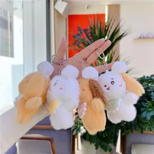 Niedliches Plüsch-Hasen-Schlüsselanhänger-Set mit flauschigem Fell in Weiß und Gelb