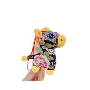 Traditional Chinese floral fabric horse plush keychain with blue peony patterns and red rope