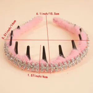 Detailed view of pink plush headband with rhinestones and anti-slip teeth measurements