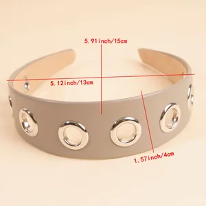 Detailed size guide of grey wide PU leather headband with silver grommet accents