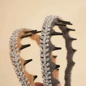 Sparkly rhinestone plush headband set with comb teeth in brown and grey colors