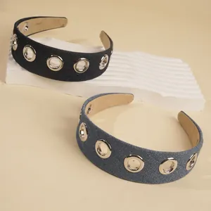 Fashionable denim wide headband with silver metal eyelets in dark and light blue colors