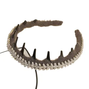 Elegant dark grey plush headband with sparkling rhinestones and inner teeth for hair styling