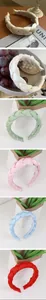 Detail showing various colors of braided organza headbands with a satin-like finish