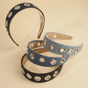 Fashion Denim Wide Brim Headband With Metallic Eyelets Retro Punk Hair Band Non-Slip Headwrap For Women Daily Hair Accessories