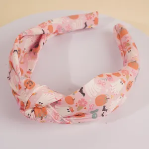 Serre-tête noué rose pour Halloween avec motifs mignons de fantômes, citrouilles et chauves-souris