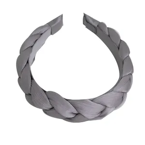 Elegant grey pleated organza braided headband with a wide twisted design for women