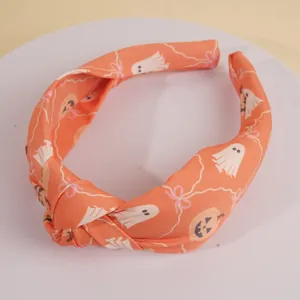 Serre-tête Halloween orange avec motifs fantômes et citrouilles sur bandeau large