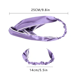 Detail view showing dimensions of purple silk satin wide headband with elastic band