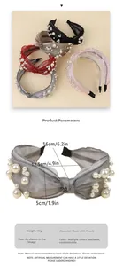 Detailed size specifications for a knotted mesh headband decorated with elegant pearls