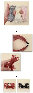 Detailed close-up of knotted pearl headbands in grey, beige, pink and deep red colors