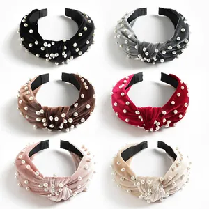 Retro Velvet Knotted Headband For Women Elegant Wide Twisted Hair Hoop With Artificial Pearls Fashion Hair Accessories