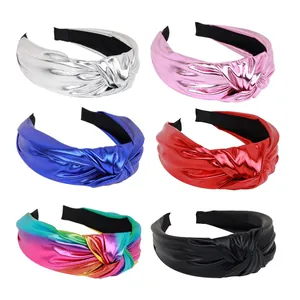 Serre-tête en Cuir PU Métallisé à la Mode pour Femmes Bandeau Large Brillant avec Nœud Torsadé Accessoire de Coiffure pour Lavage du Visage Fête