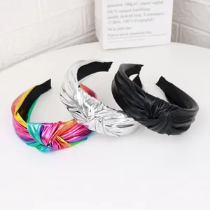 Lot de 3 serre-têtes en cuir PU avec nœud en couleurs arc-en-ciel, argent et noir mat