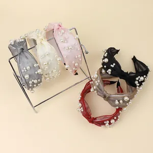 Elegant Knot Mesh Headband For Women With Artificial Pearl Embellishments Wide Fabric Hair Band Accessories
