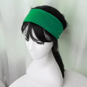 Detail of lime green breathable sports headband shown on a model for yoga and running