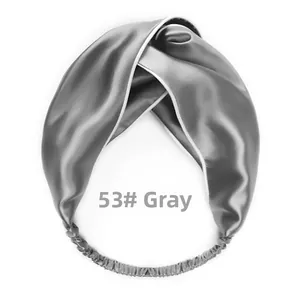 Detail of 53# grey silk-satin twisted headband with elastic band and white edge trim