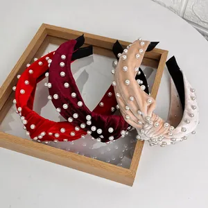 Velvet knot headband set with pearls in red, burgundy, champagne and beige colors
