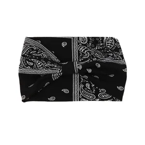 Bohemian paisley knotted headband with elastic black and white fabric for women