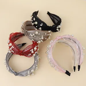 Elegant knotted pearl headbands in five colors with sheer organza fabric and beads