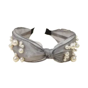 Silver grey knotted headband with mesh fabric and white pearls for women accessories