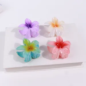 Set aus vier Haarklammern in Plumeria-Blütenform mit Farbverlauf in lila und grün