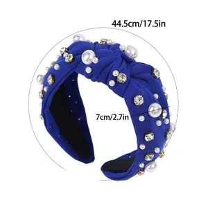 Navy blue knotted headband with baroque pearls and rhinestones 7cm wide accessory
