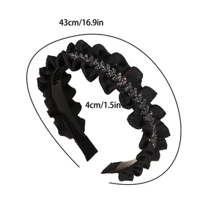 Sparkling crystal rhinestone pleated wide headband for women in black color