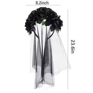 Gothic black rose headband with mesh veil for Halloween party costume accessories